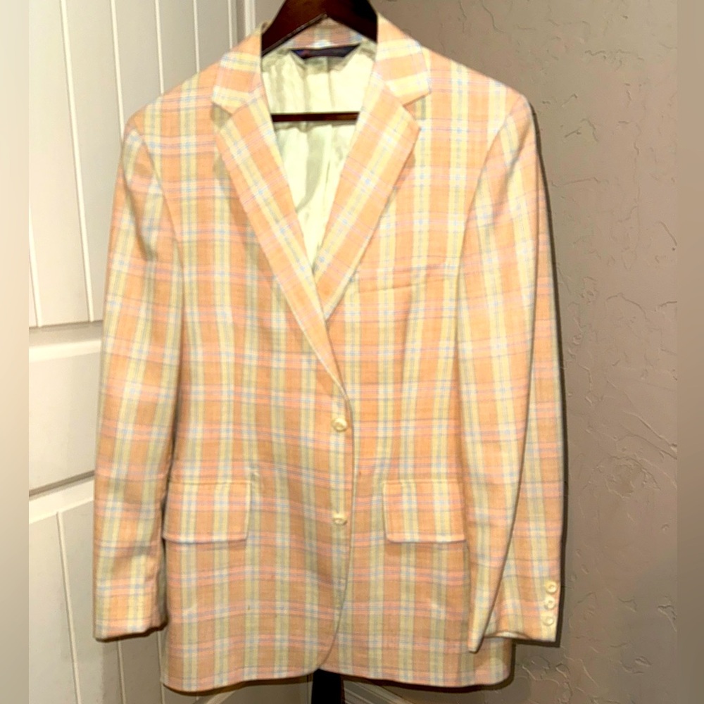 Vtg 60s MAVEST HECHT CO. SPORT COAT PLAID CREAM PINK BLUE Sz 44L GRANDPA